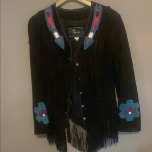 Black Leather Jacket with Blue Fringe and Hip-Length Design